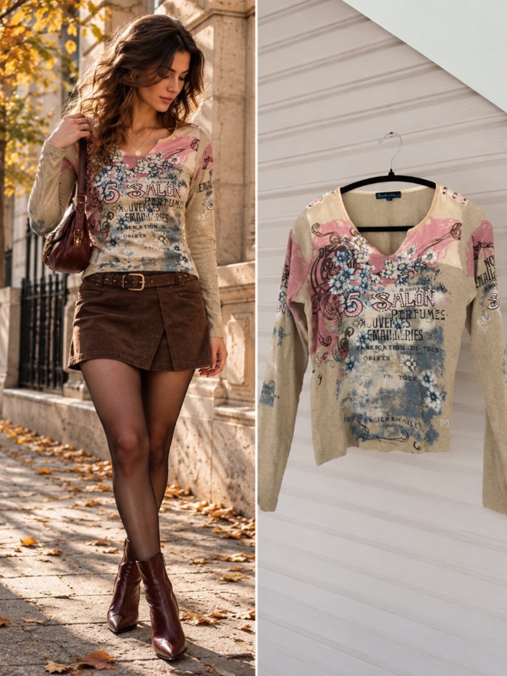 Point Zero Beige Pink Graphic Floral Rhinestone Long Sleeve Top Y2K M